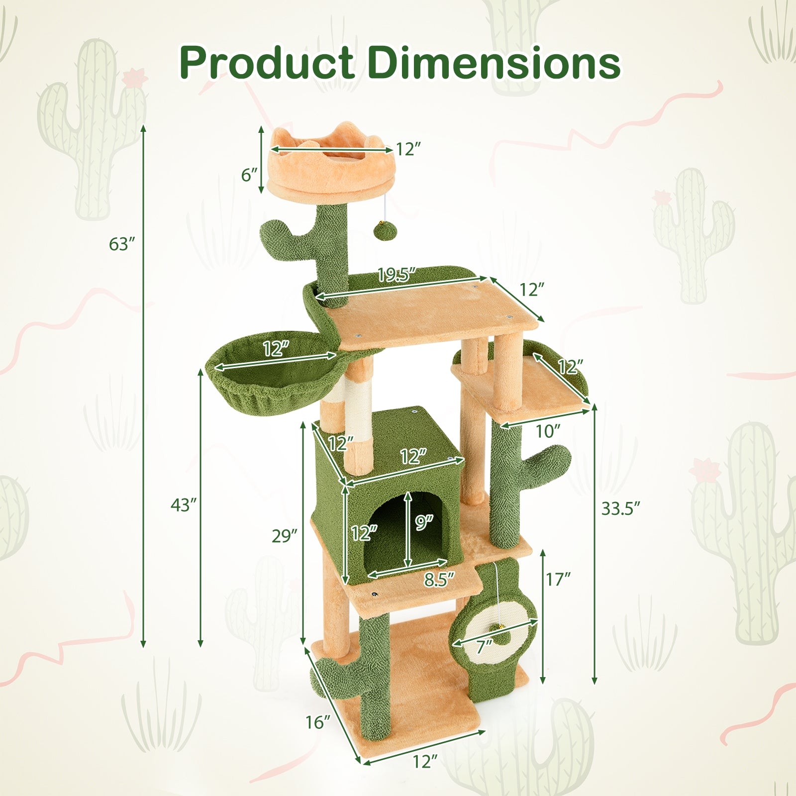63 Inch Cactus Cat Tree with Sisal Scratching Posts and Board for Indoor Cats - view 5