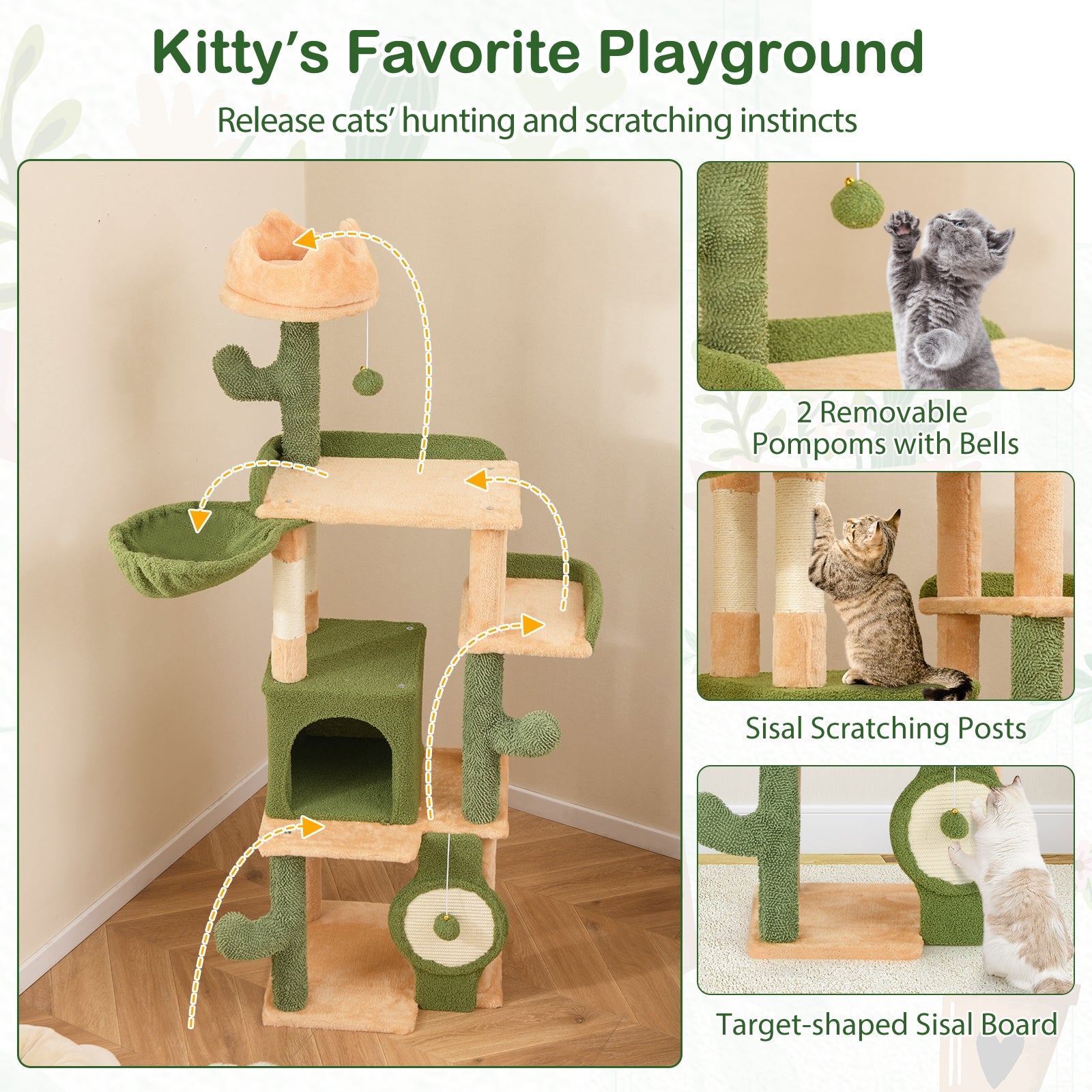 63 Inch Cactus Cat Tree with Sisal Scratching Posts and Board for Indoor Cats - view 6