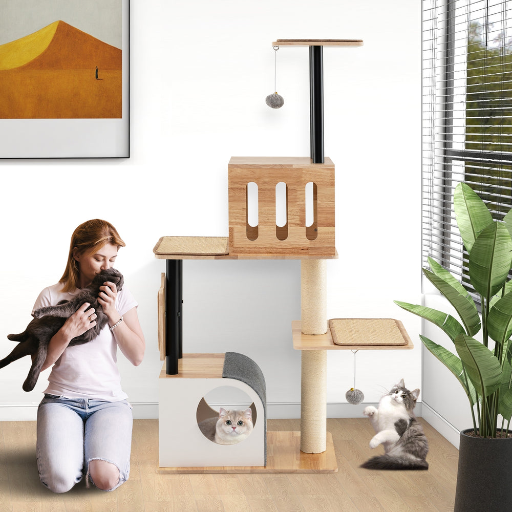 Modern Tall Cat Tower with Double Condos with Dangling Balls and Sisal Carpets - view 3