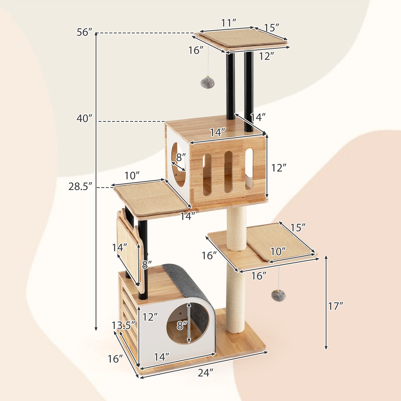 Modern Tall Cat Tower with Double Condos with Dangling Balls and Sisal Carpets - view 4