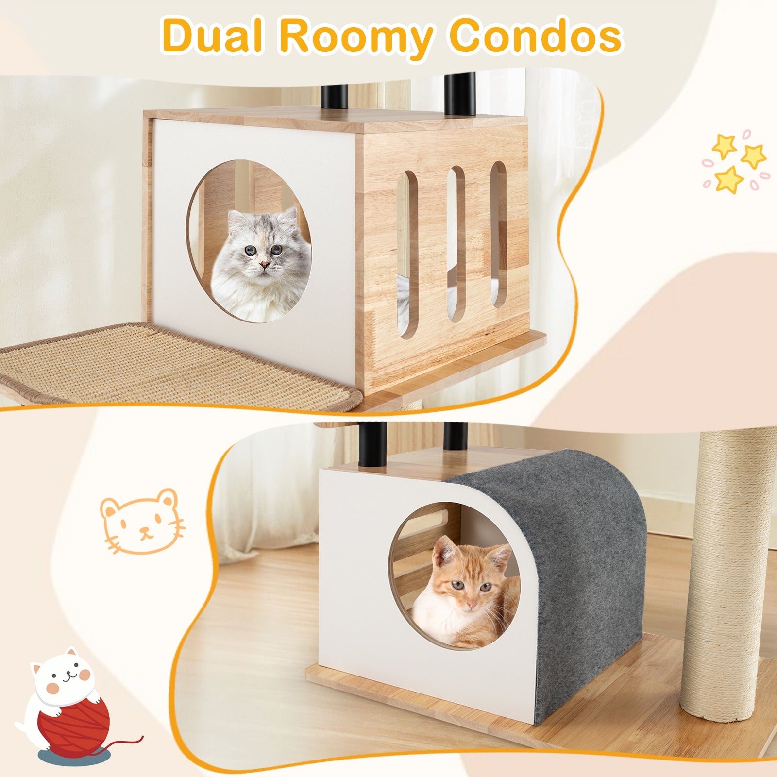 Modern Tall Cat Tower with Double Condos with Dangling Balls and Sisal Carpets - view 7
