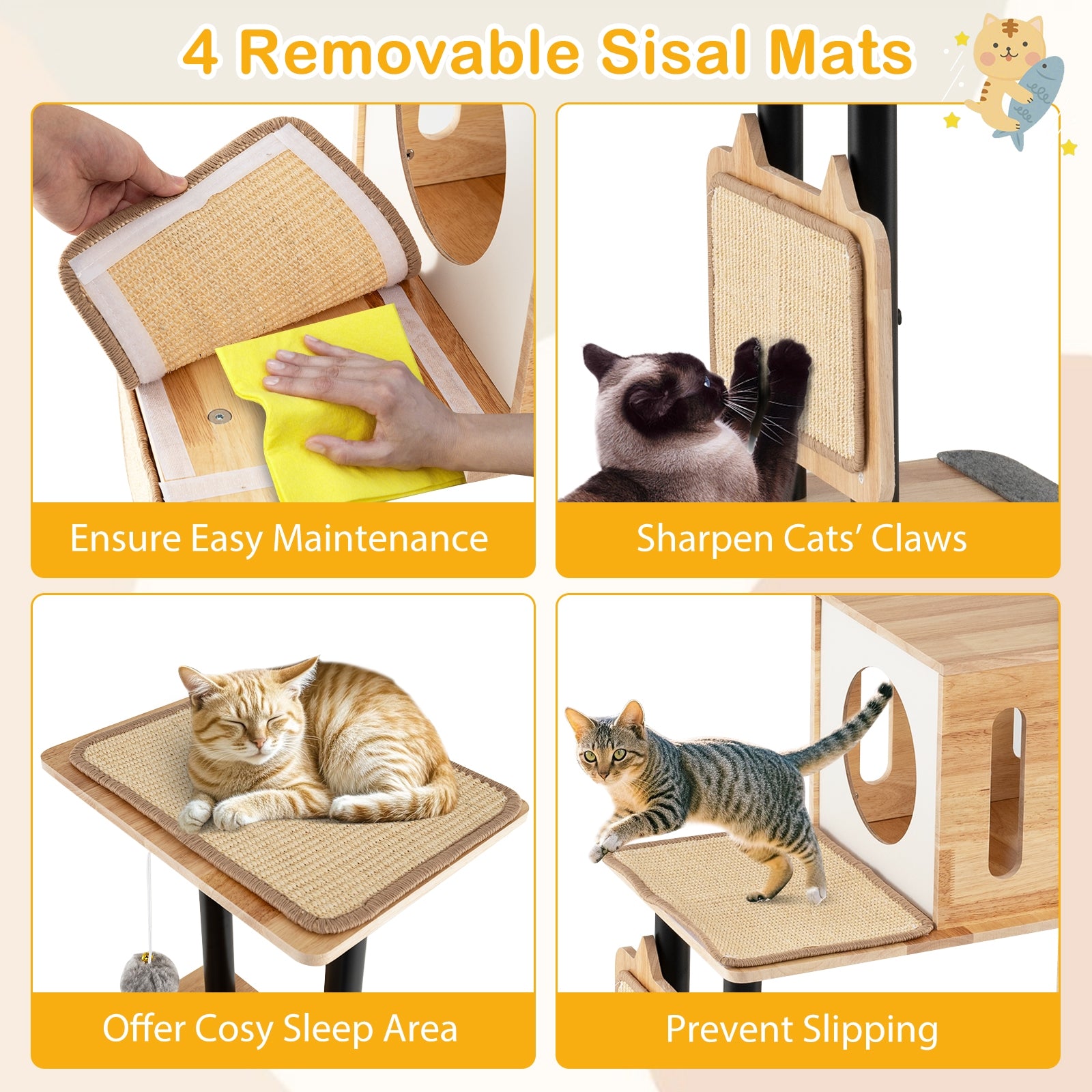 Modern Tall Cat Tower with Double Condos with Dangling Balls and Sisal Carpets - view 8
