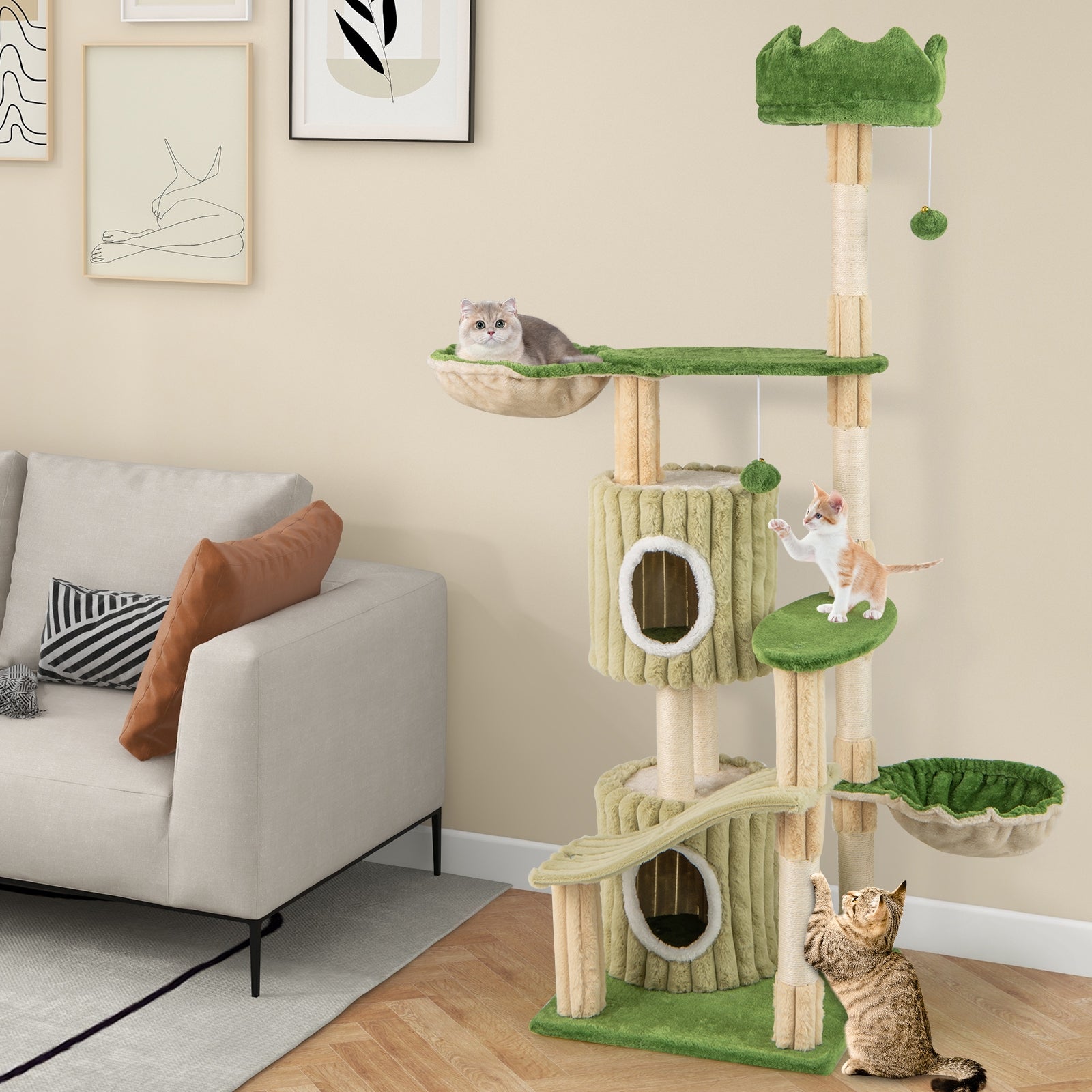 63 Inch Multi-Level Aesthetic Stripped Kitten Tower with 2 Condos Cat Tree - view 3