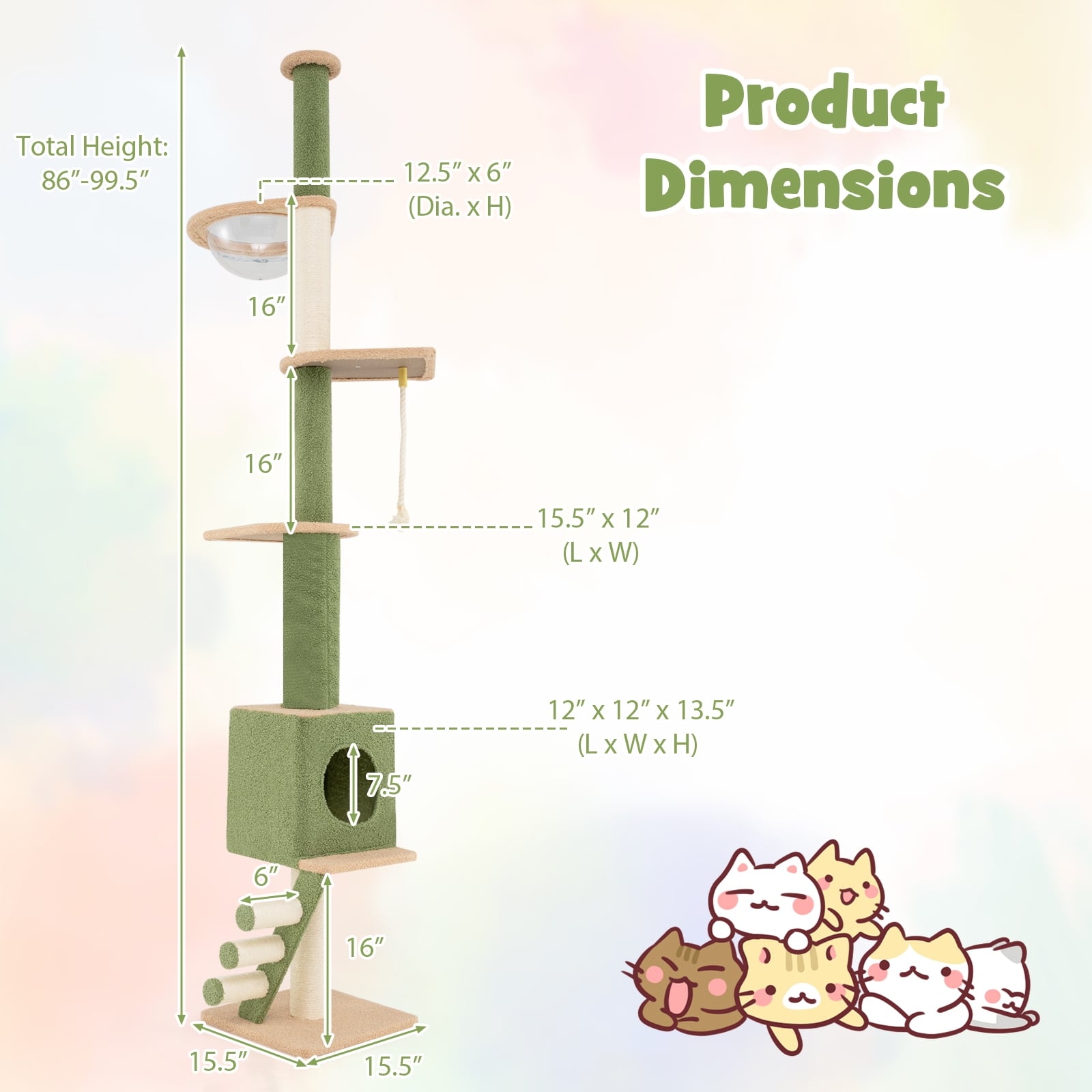 Floor to Ceiling Cat Tree with 86-99.5 Inch Adjustable Height and Extra Post - view 4