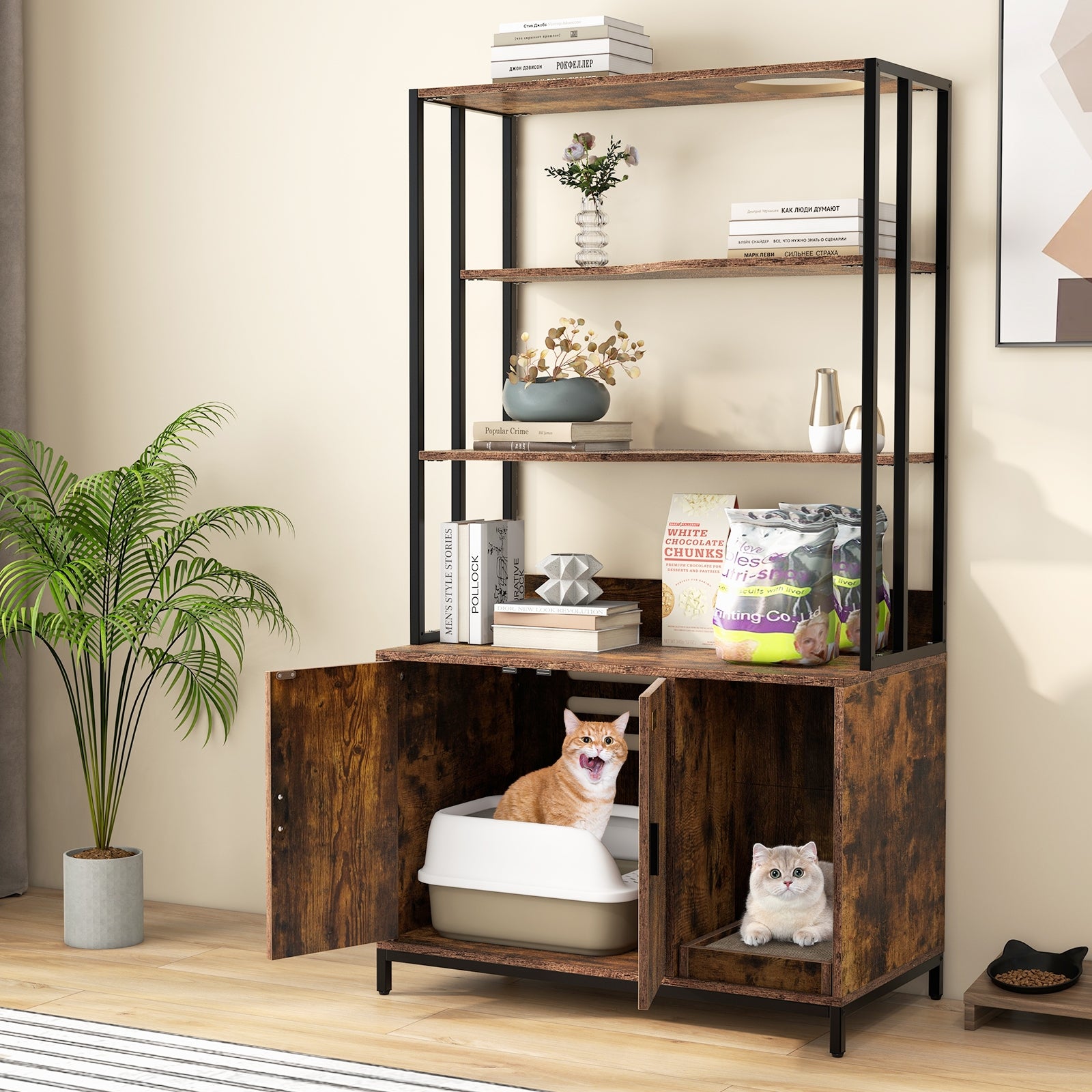 Cat Litter Box Enclosure with Storage and 3-tier Shelves Cat House - view 2