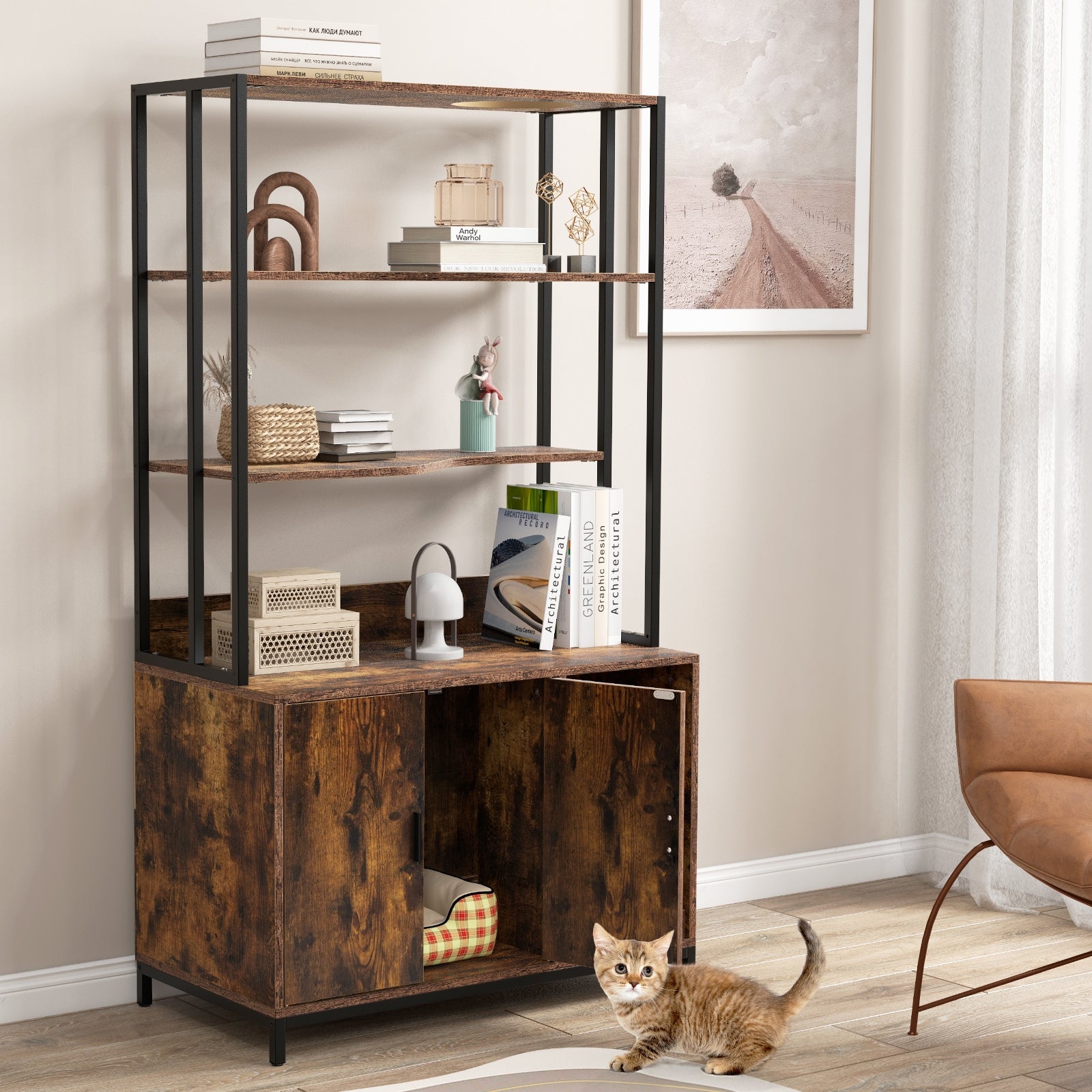 Cat Litter Box Enclosure with Storage and 3-tier Shelves Cat House - view 6