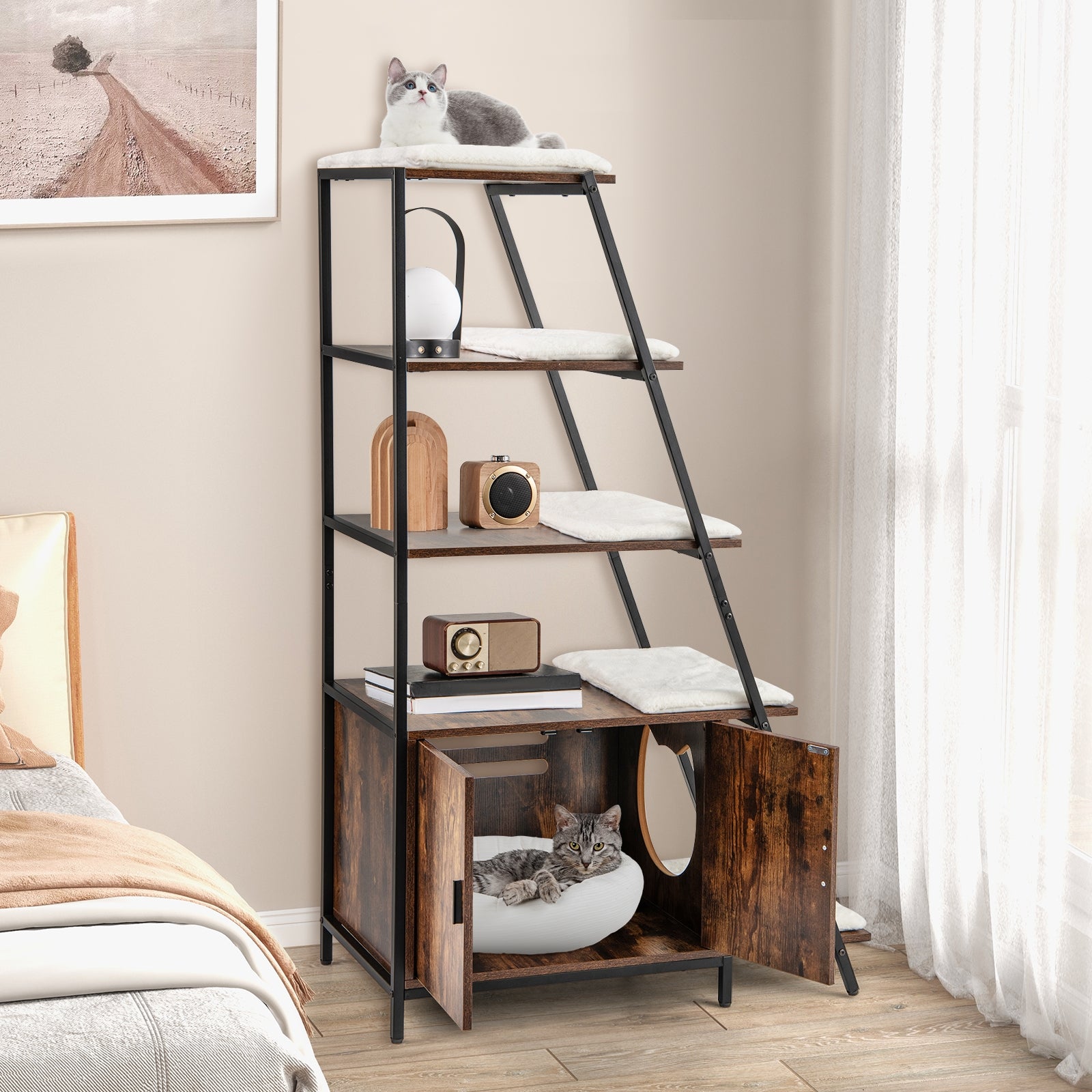Large Cat Litter Box Enclosure with Storage and Ladder Shelf Cat House - view 3