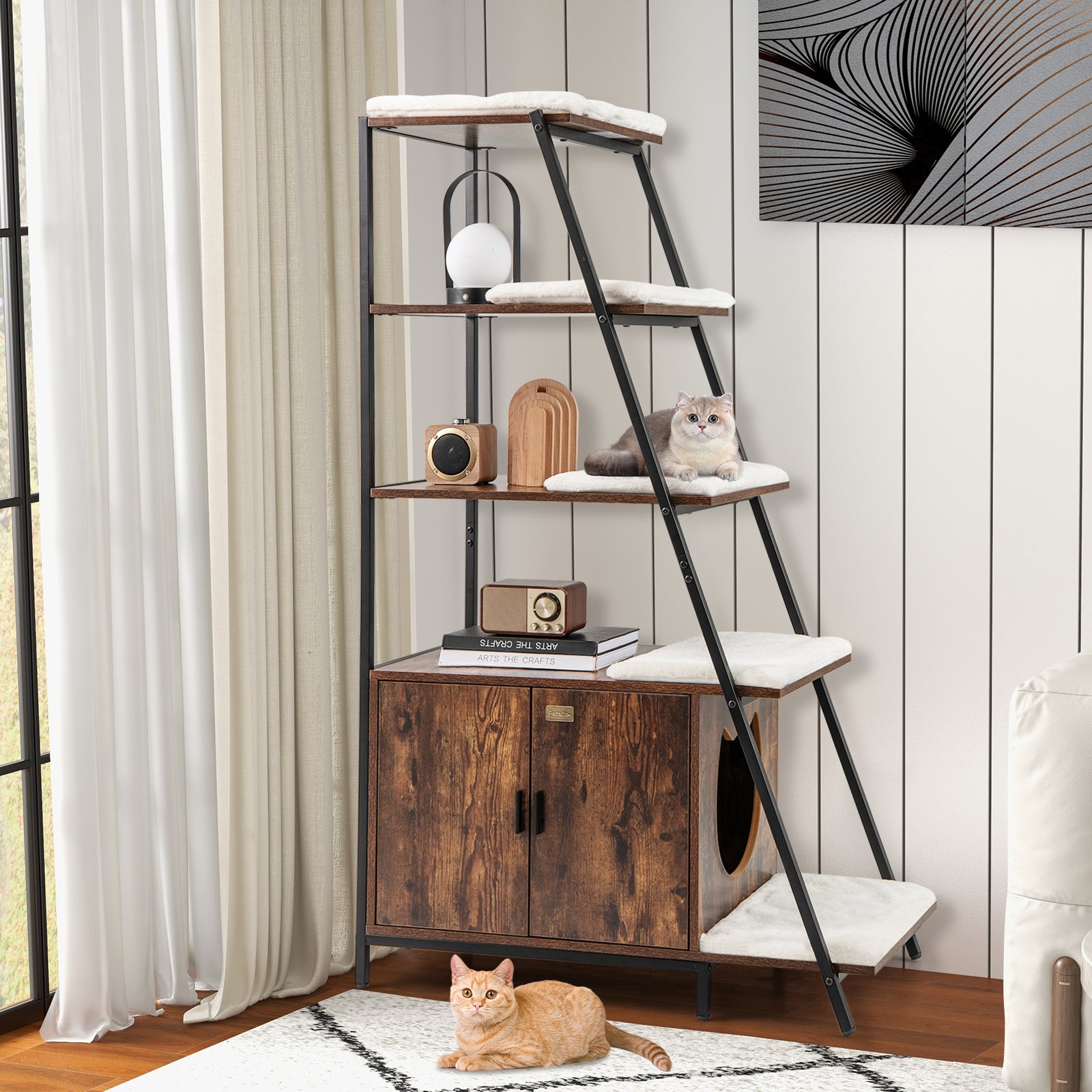Large Cat Litter Box Enclosure with Storage and Ladder Shelf Cat House - view 6