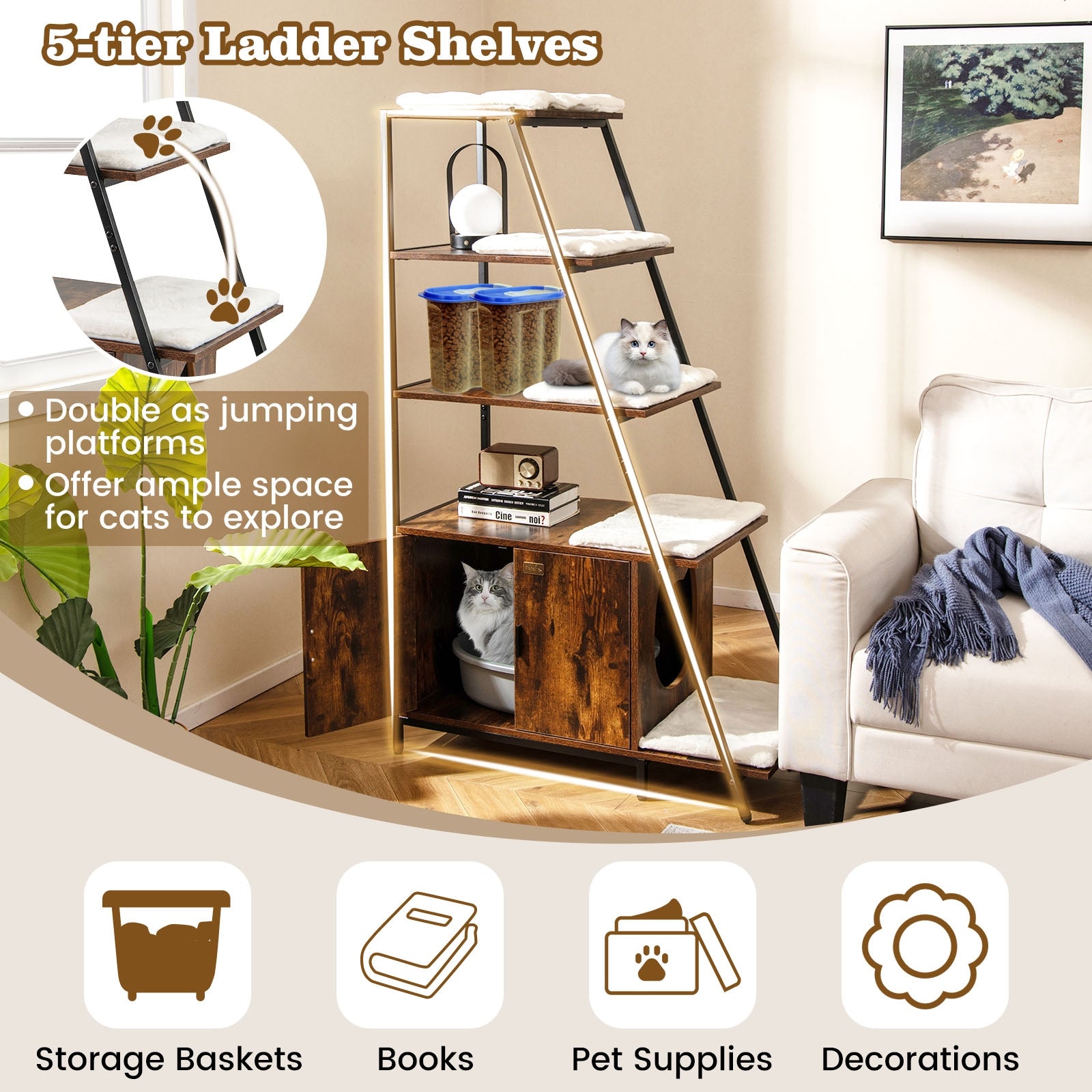 Large Cat Litter Box Enclosure with Storage and Ladder Shelf Cat House - view 7