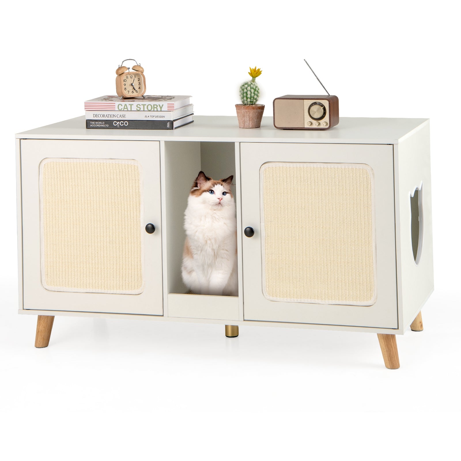 43 Inches Cat Litter Box Enclosure with Double Rooms and 2 Sisal Scratching