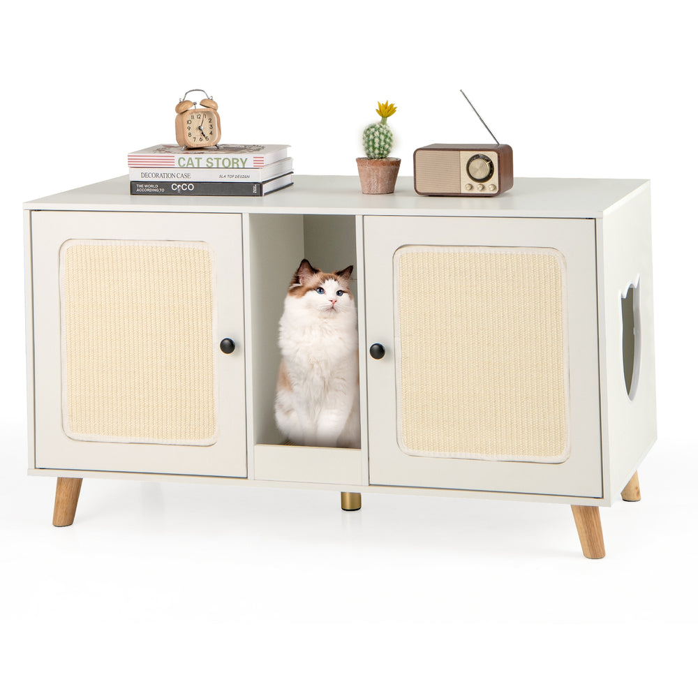 43 Inches Cat Litter Box Enclosure with Double Rooms and 2 Sisal Scratching