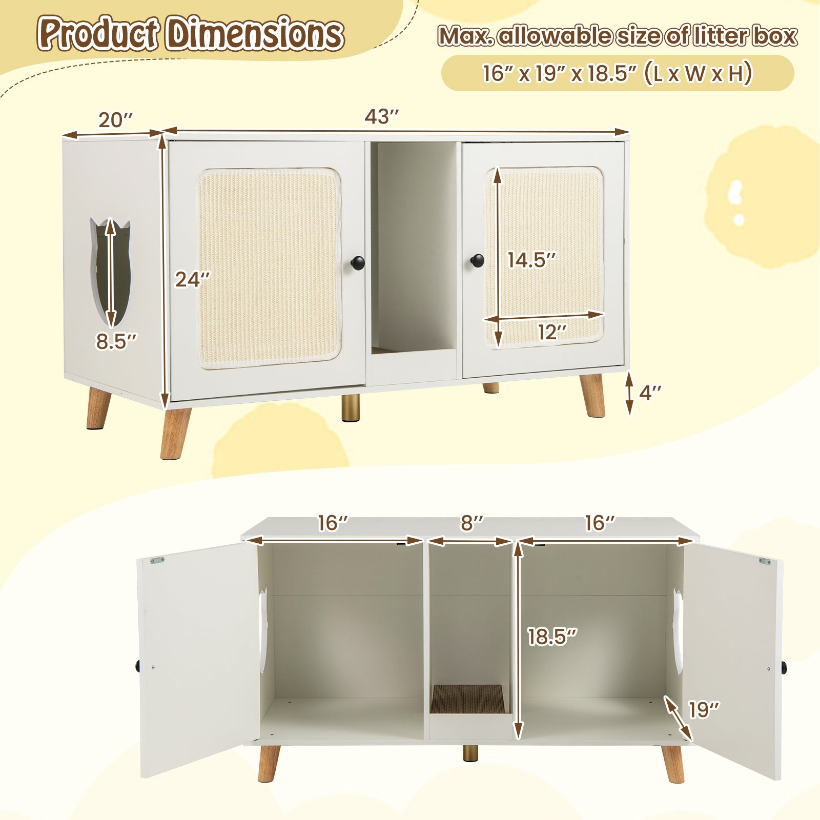 43 Inches Cat Litter Box Enclosure with Double Rooms and 2 Sisal Scratching - view 5