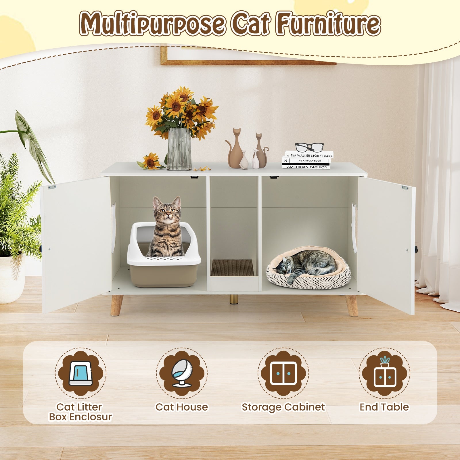 43 Inches Cat Litter Box Enclosure with Double Rooms and 2 Sisal Scratching - view 6