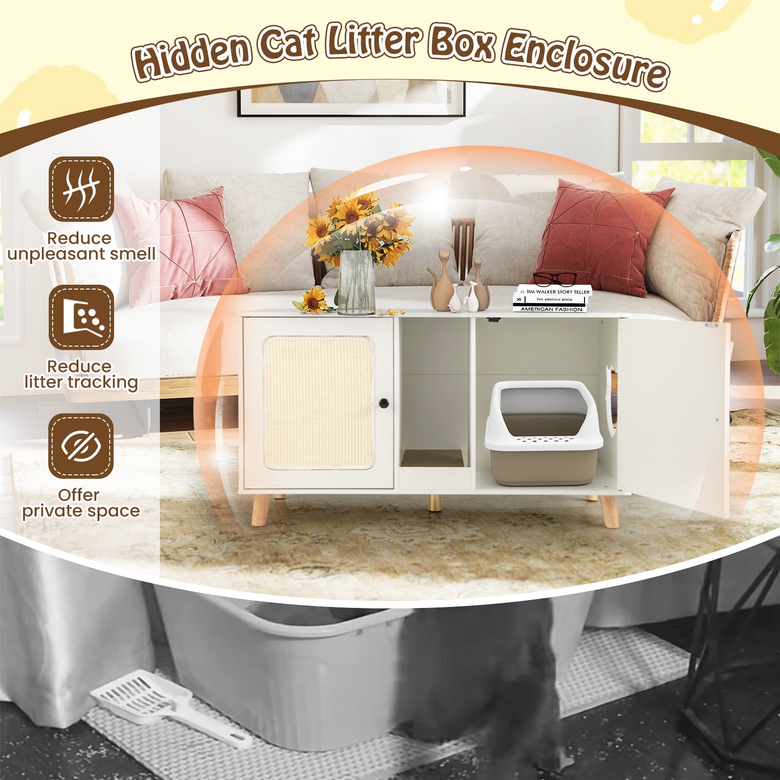 43 Inches Cat Litter Box Enclosure with Double Rooms and 2 Sisal Scratching - view 7