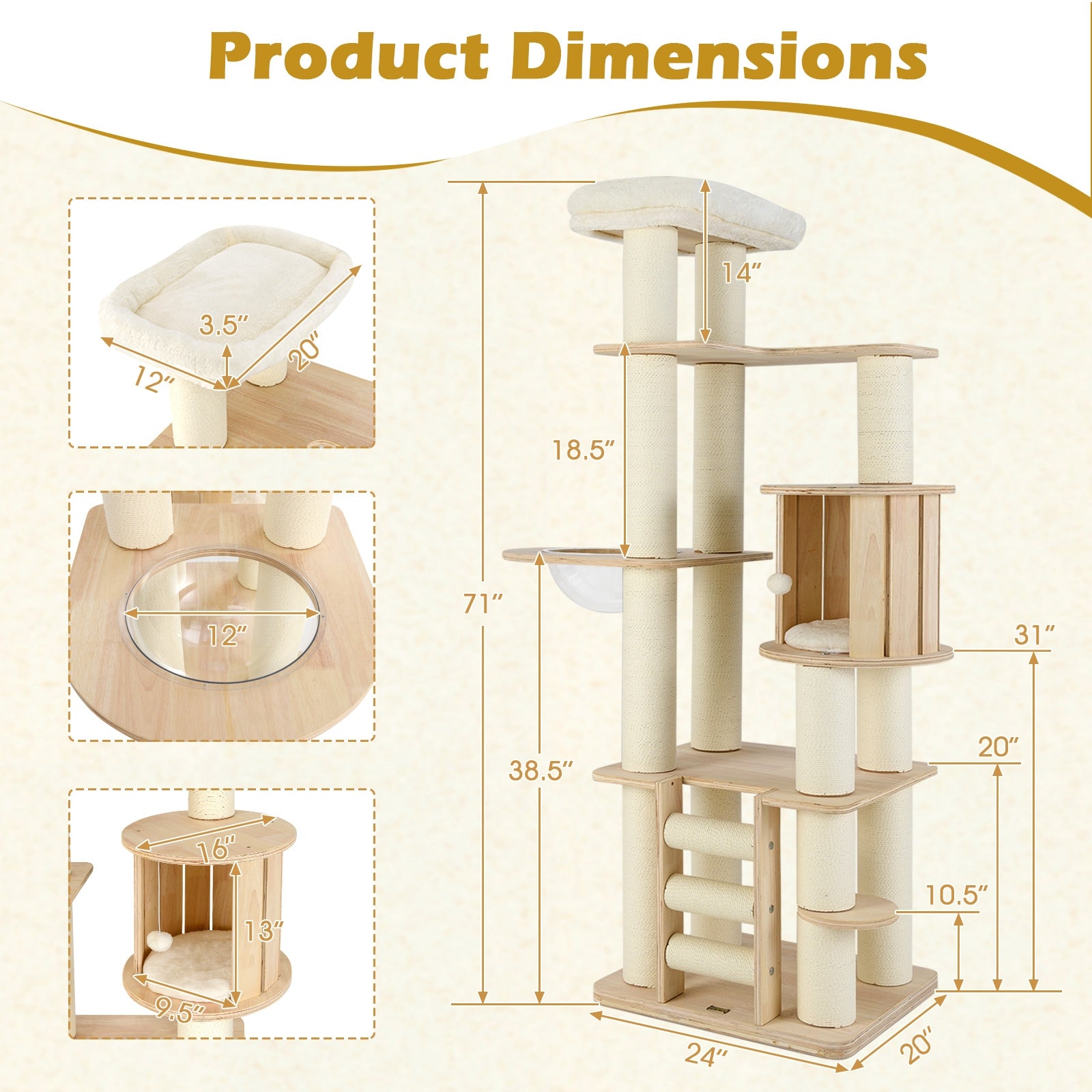 71 Inch Tall Cat Tree Wooden Cat Tower with Cozy Perch Condo Space Capsule - view 5