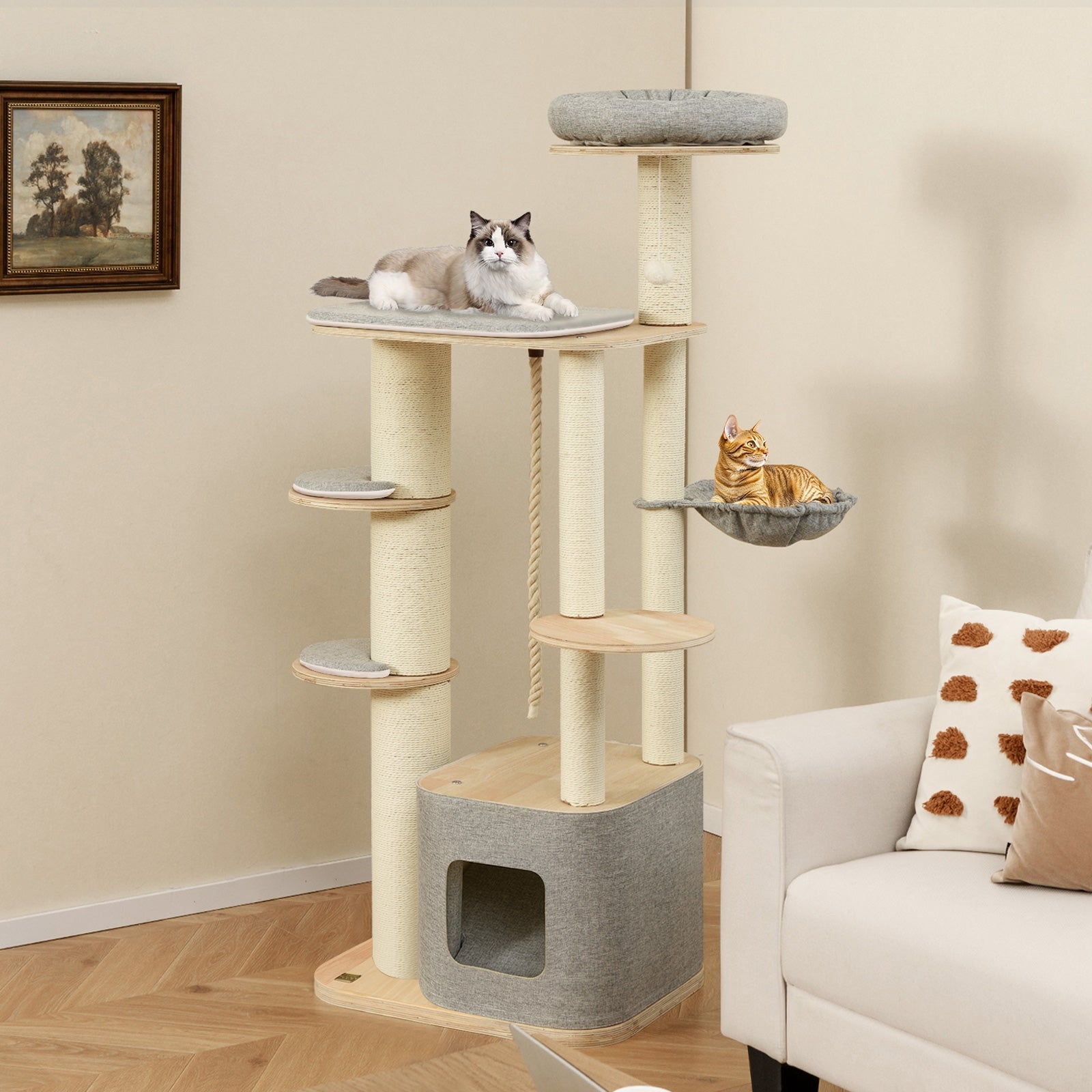 63 Inch Tall Cat Tree Modern Wooden Cat Tower with Perch Condo Hammock - view 2