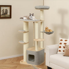63 Inch Tall Cat Tree Modern Wooden Cat Tower with Perch Condo Hammock - view 2