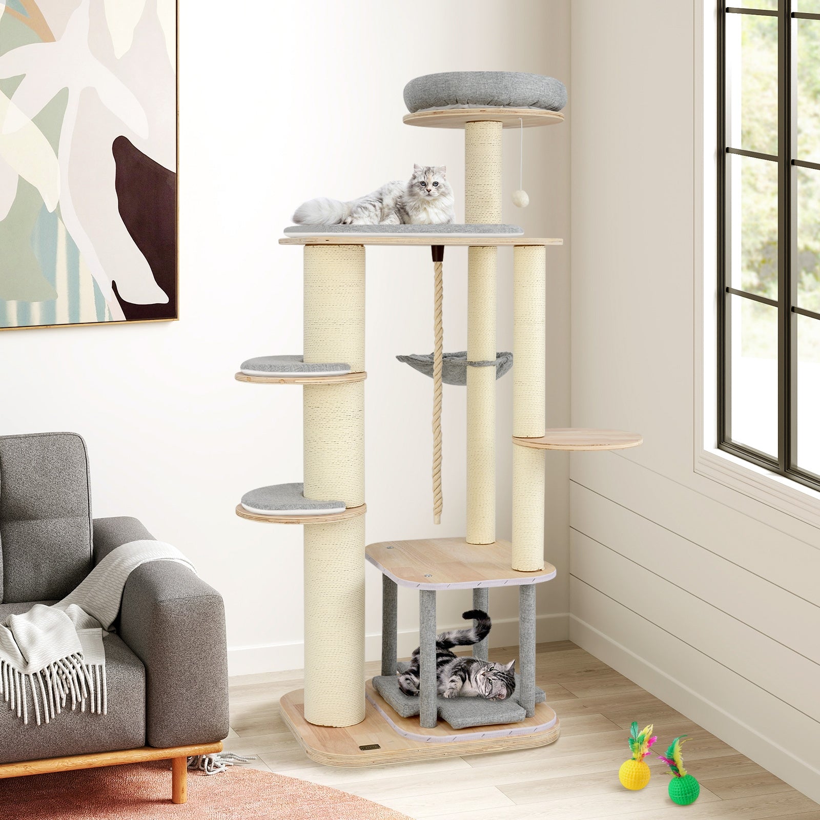 63 Inch Tall Cat Tree Modern Wooden Cat Tower with Perch Condo Hammock - view 3