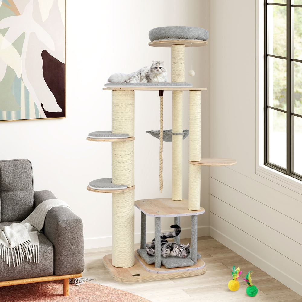 63 Inch Tall Cat Tree Modern Wooden Cat Tower with Perch Condo Hammock - view 3