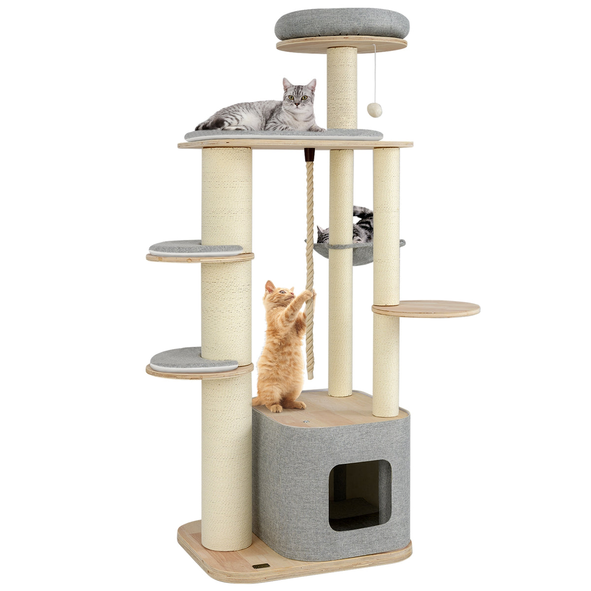 63 Inch Tall Cat Tree Modern Wooden Cat Tower with Perch Condo Hammock