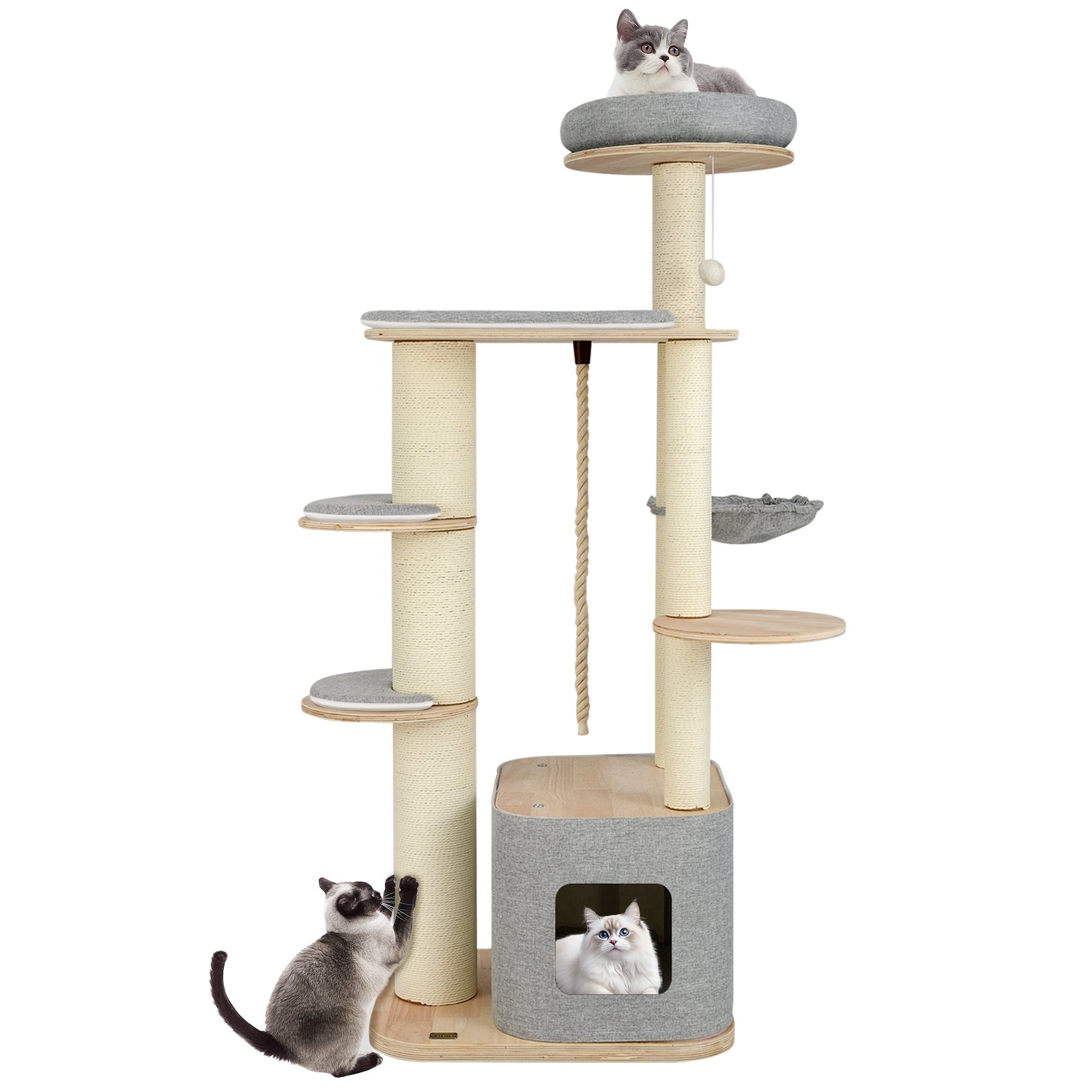 63 Inch Tall Cat Tree Modern Wooden Cat Tower with Perch Condo Hammock - view 4