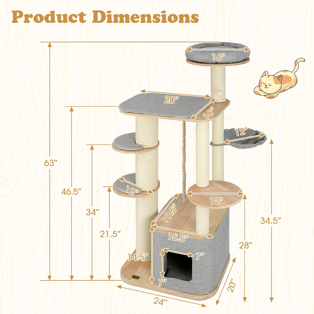 63 Inch Tall Cat Tree Modern Wooden Cat Tower with Perch Condo Hammock - view 5