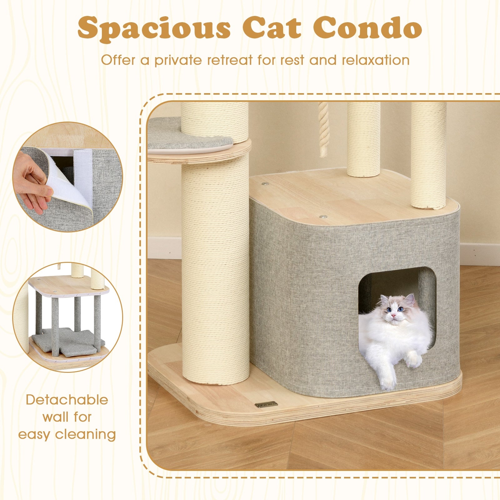 63 Inch Tall Cat Tree Modern Wooden Cat Tower with Perch Condo Hammock - view 6