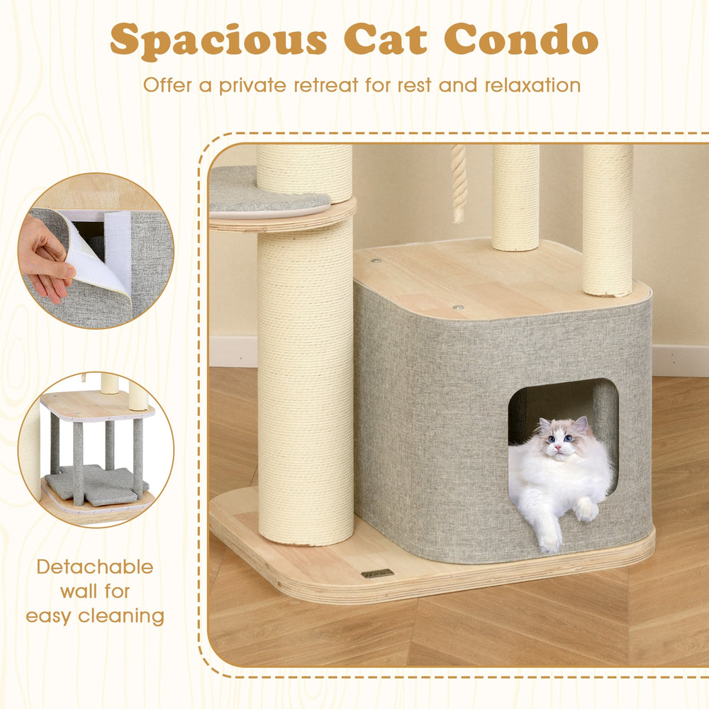 63 Inch Tall Cat Tree Modern Wooden Cat Tower with Perch Condo Hammock - view 6