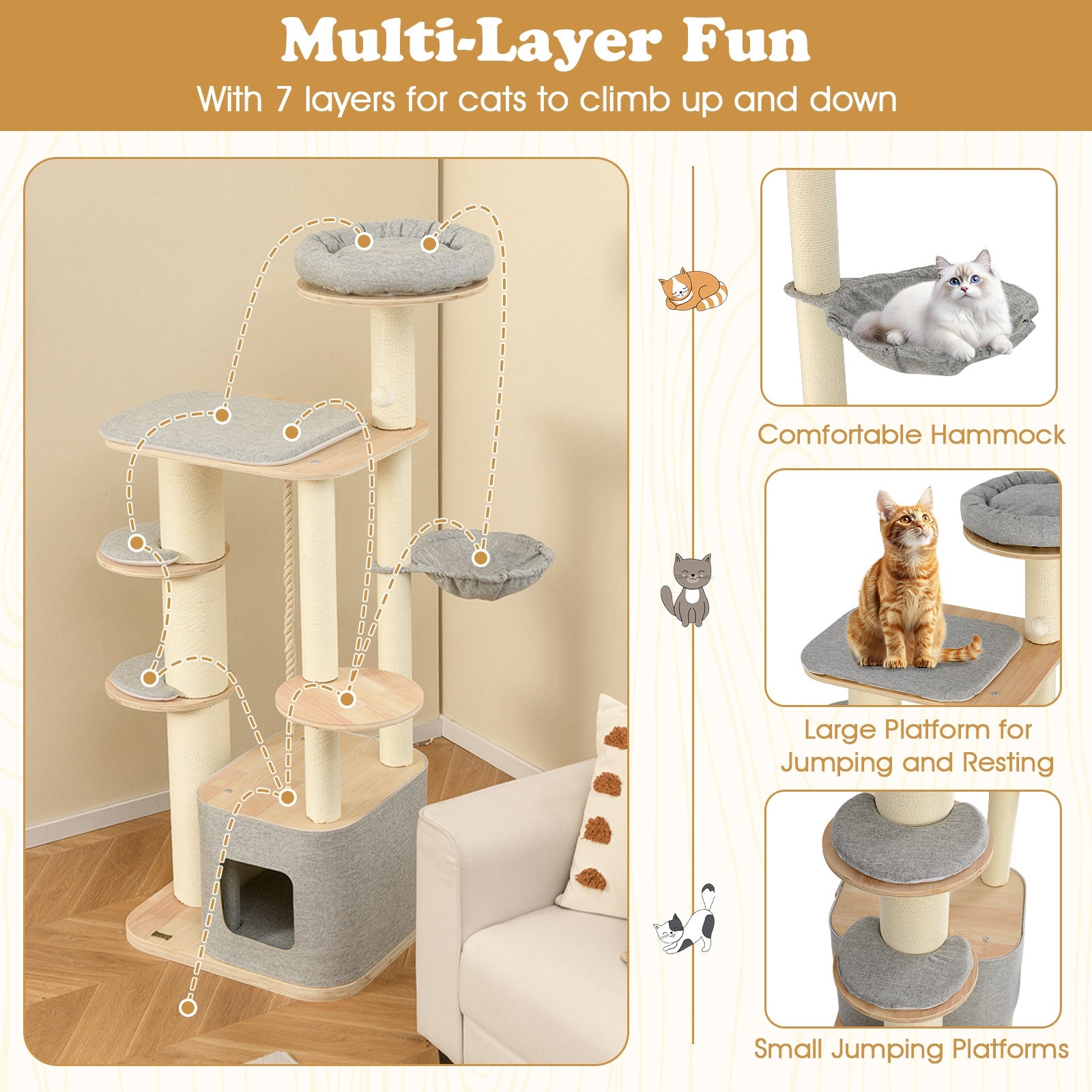 63 Inch Tall Cat Tree Modern Wooden Cat Tower with Perch Condo Hammock - view 8