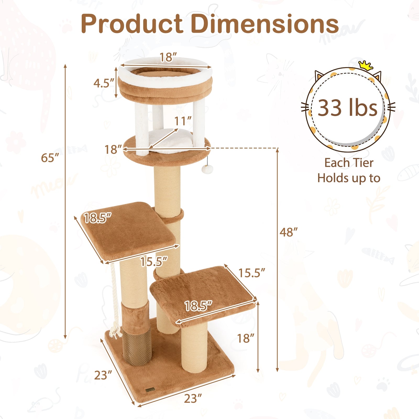 65 Inches Tall Cat Tree with Self-groomer and Removable Cat Bed - view 5