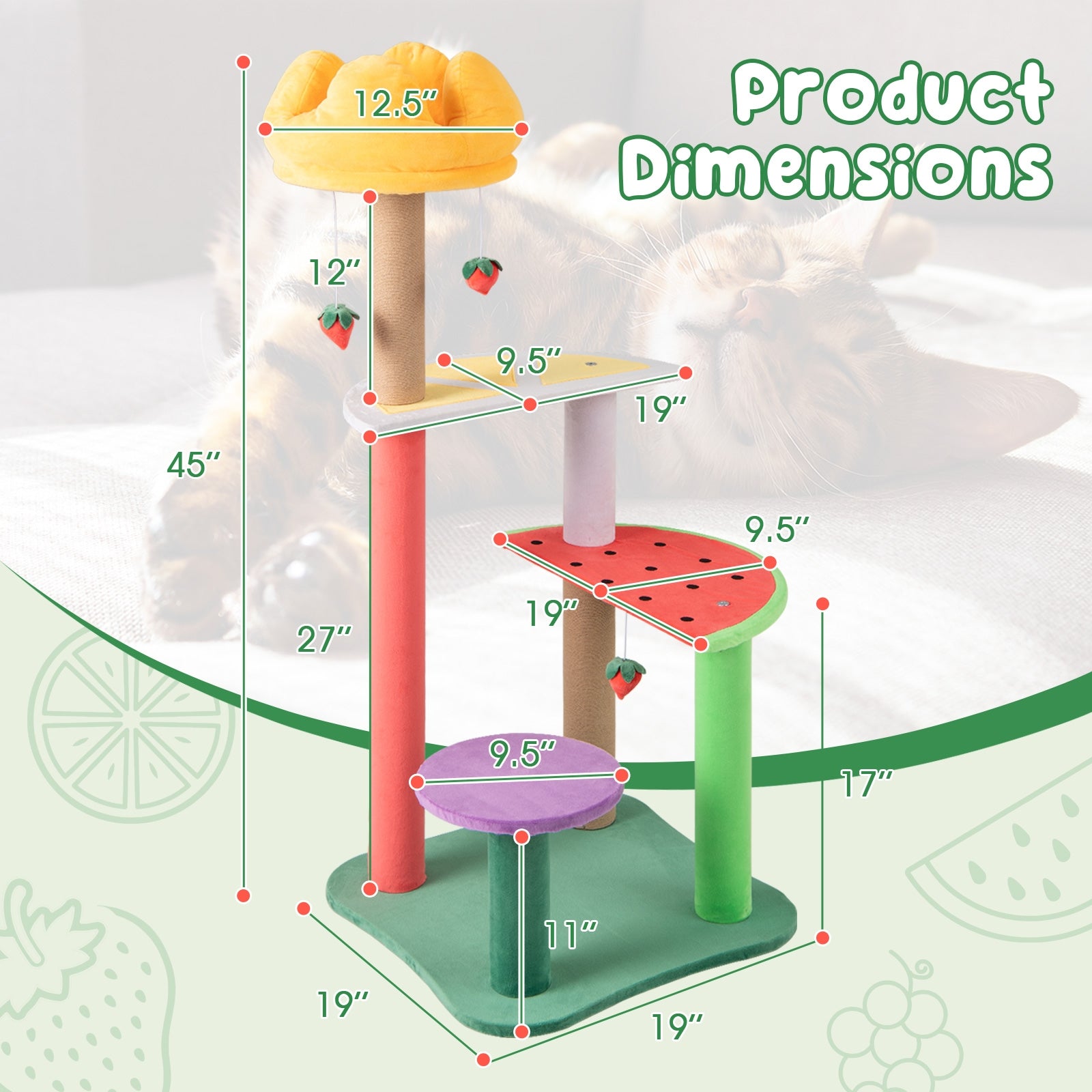 45 Inch Multi-Level Cat Tree with Plush Padded Top Perch and Fruit-Shaped - view 5
