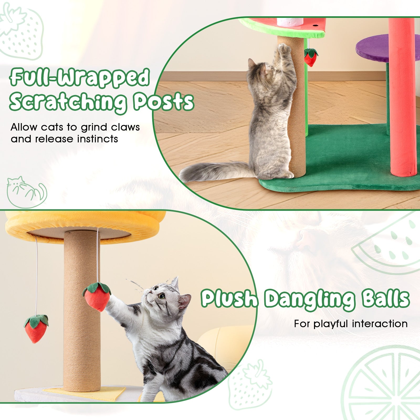 45 Inch Multi-Level Cat Tree with Plush Padded Top Perch and Fruit-Shaped - view 8
