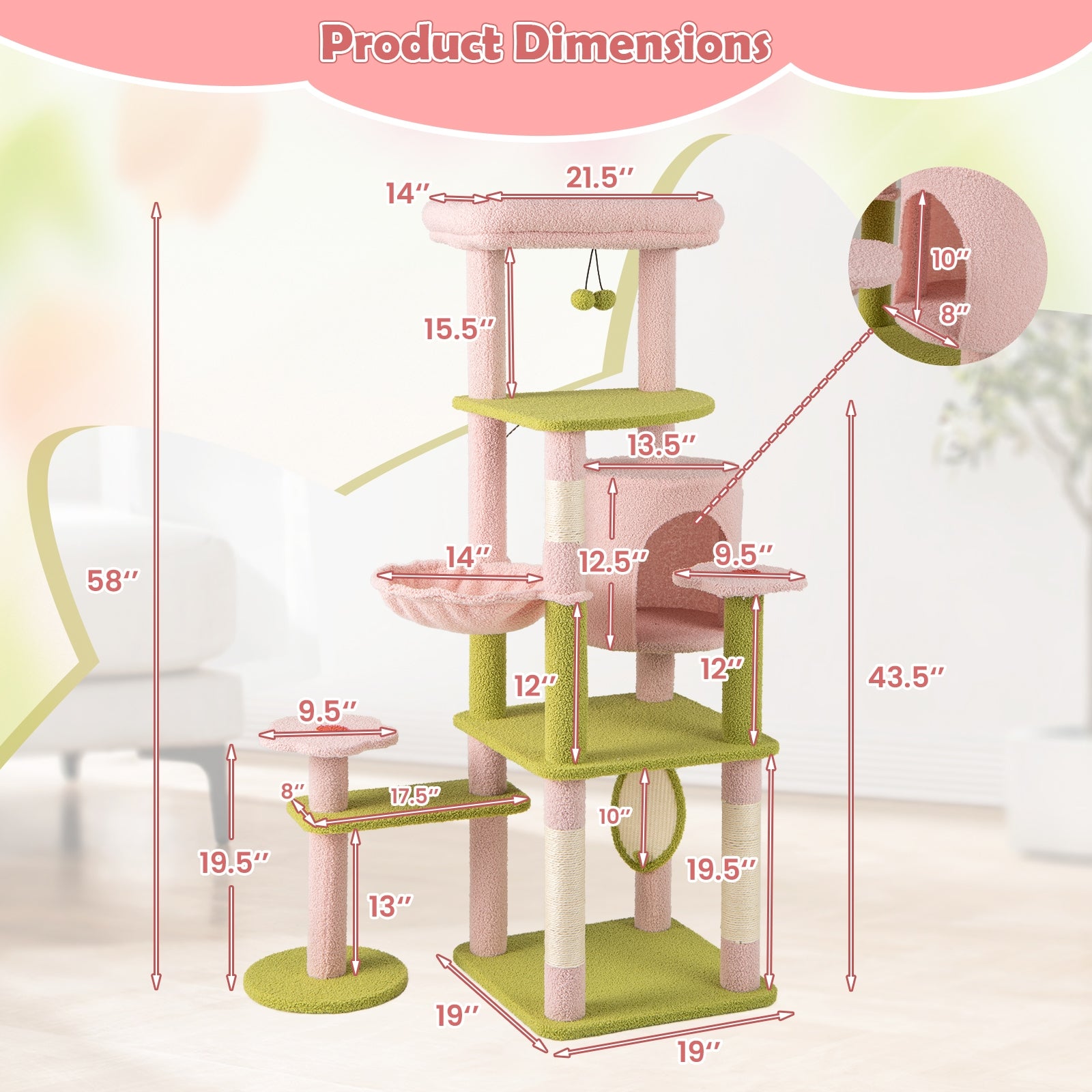 58 Inch Tall Multi-Level Cat Tree Aesthetic Floral Kitten Tower - view 5