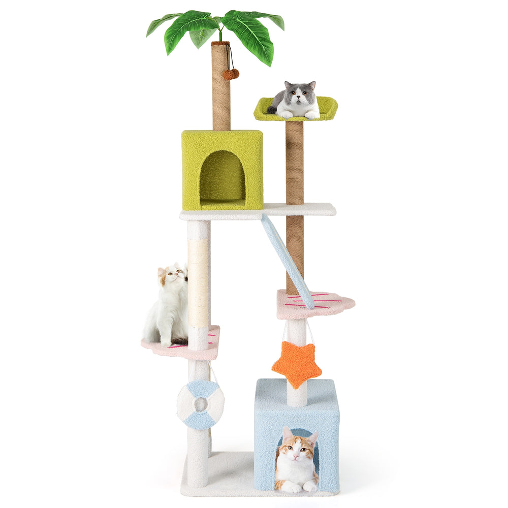 71 Inch Cat Tree Multi-Level Aesthetic Beach-Themed Kitten Tower-Colorful