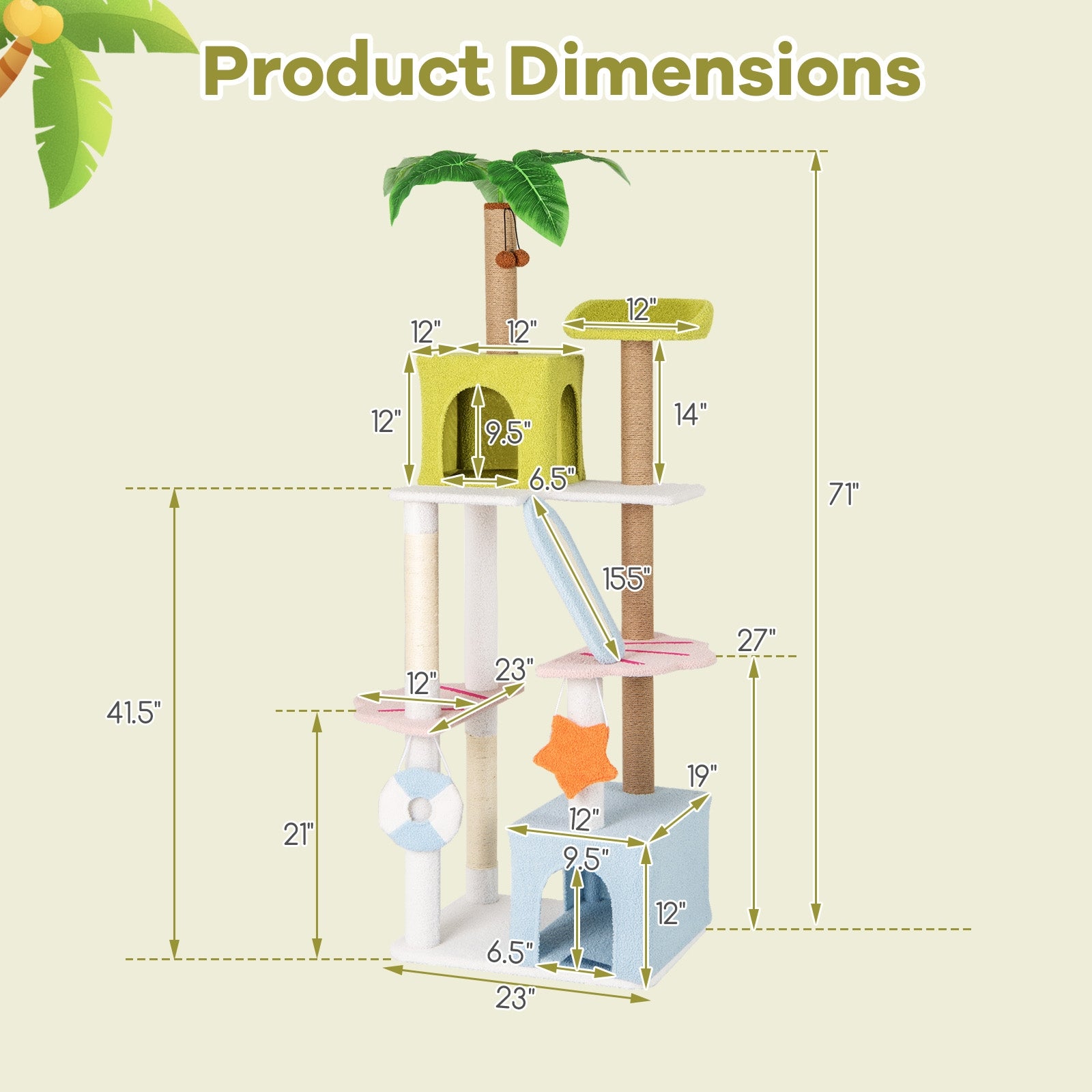 71 Inch Cat Tree Multi-Level Aesthetic Beach-Themed Kitten Tower-Colorful - view 5