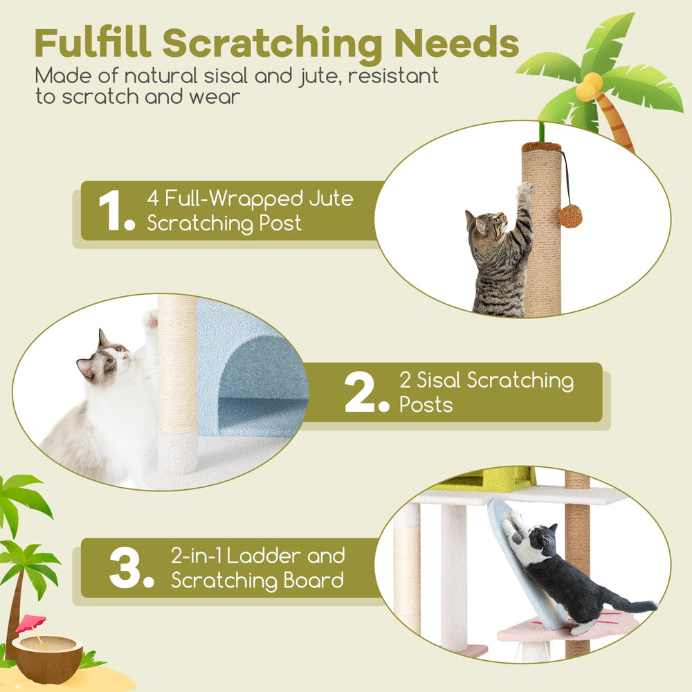 71 Inch Cat Tree Multi-Level Aesthetic Beach-Themed Kitten Tower-Colorful - view 8