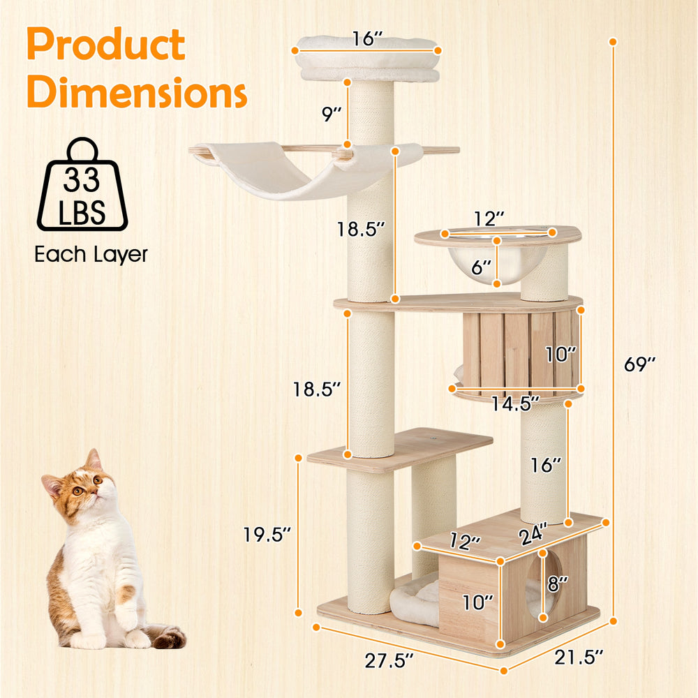 69 Inches Tall Cat Tree with Cozy Top Perch and Washable Plush Cushions - view 5