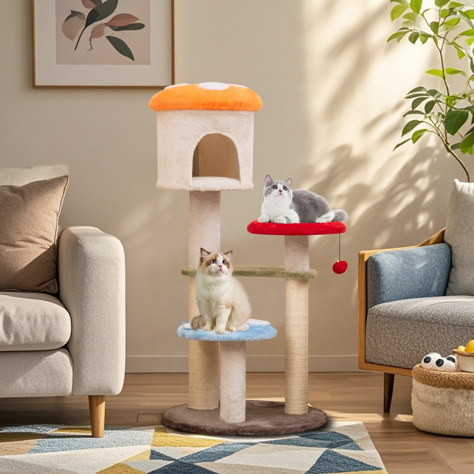 Cute Mushroom Cat Tree with Sisal Scratching Posts Top Condo and Padded - view 2