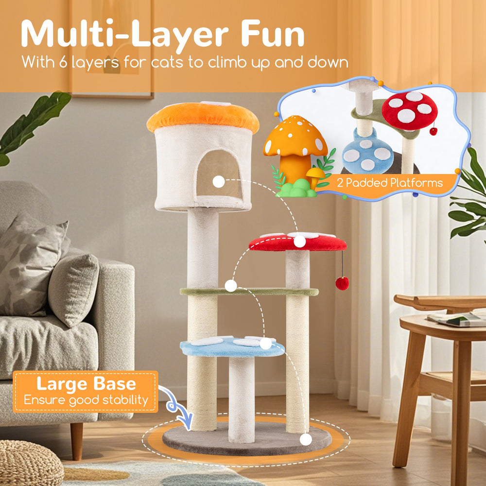 Cute Mushroom Cat Tree with Sisal Scratching Posts Top Condo and Padded - view 7