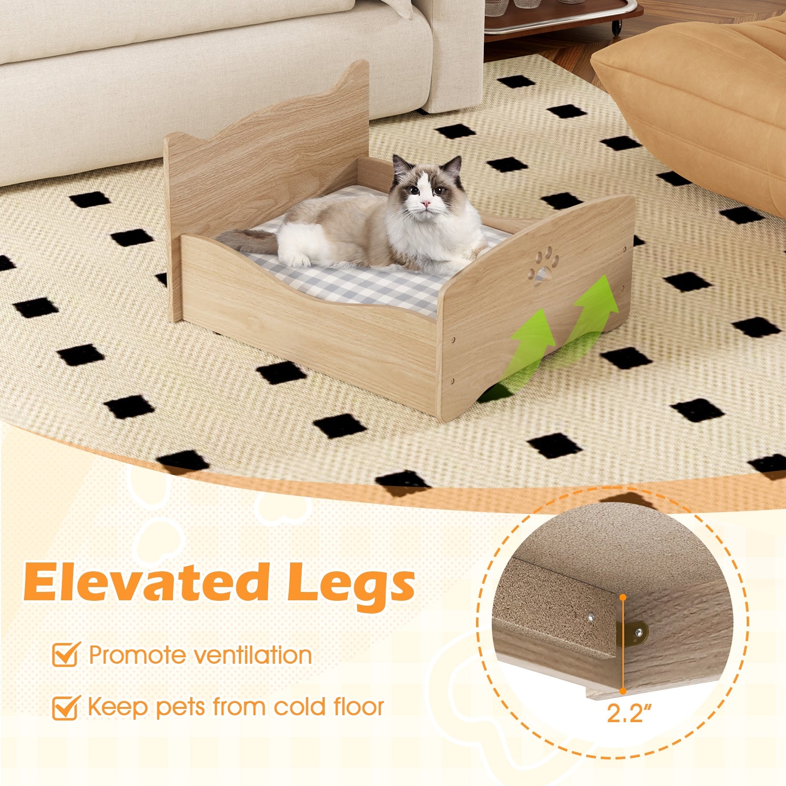 Elevated Pet Bed Frame with Rails and Cute Headboards Cat House - view 7