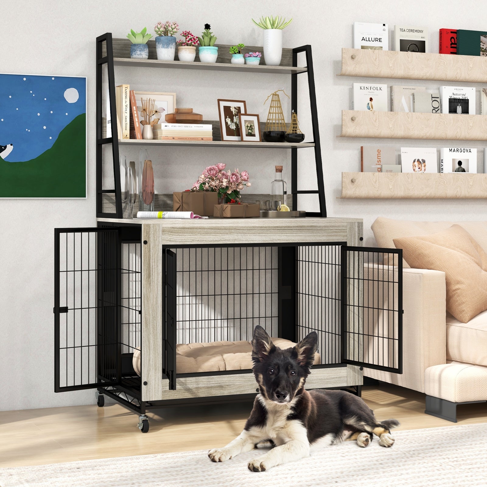 Industrial Dog Kennel Dog Crate Furniture with Storage Shelves - view 3