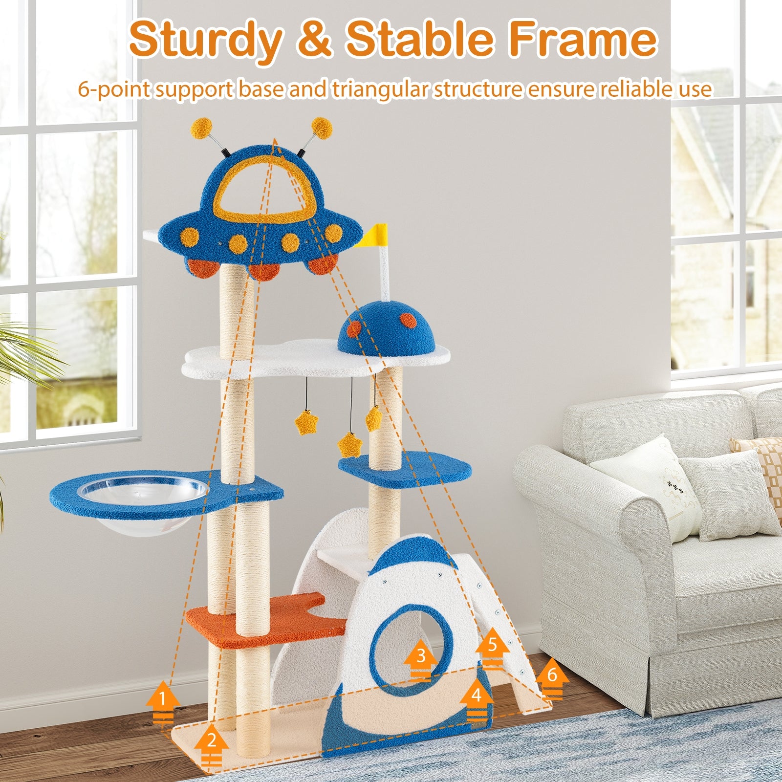Space Theme Cat Tree Multi-level Cat Tower with Sisal Covered Scratching Posts - view 8