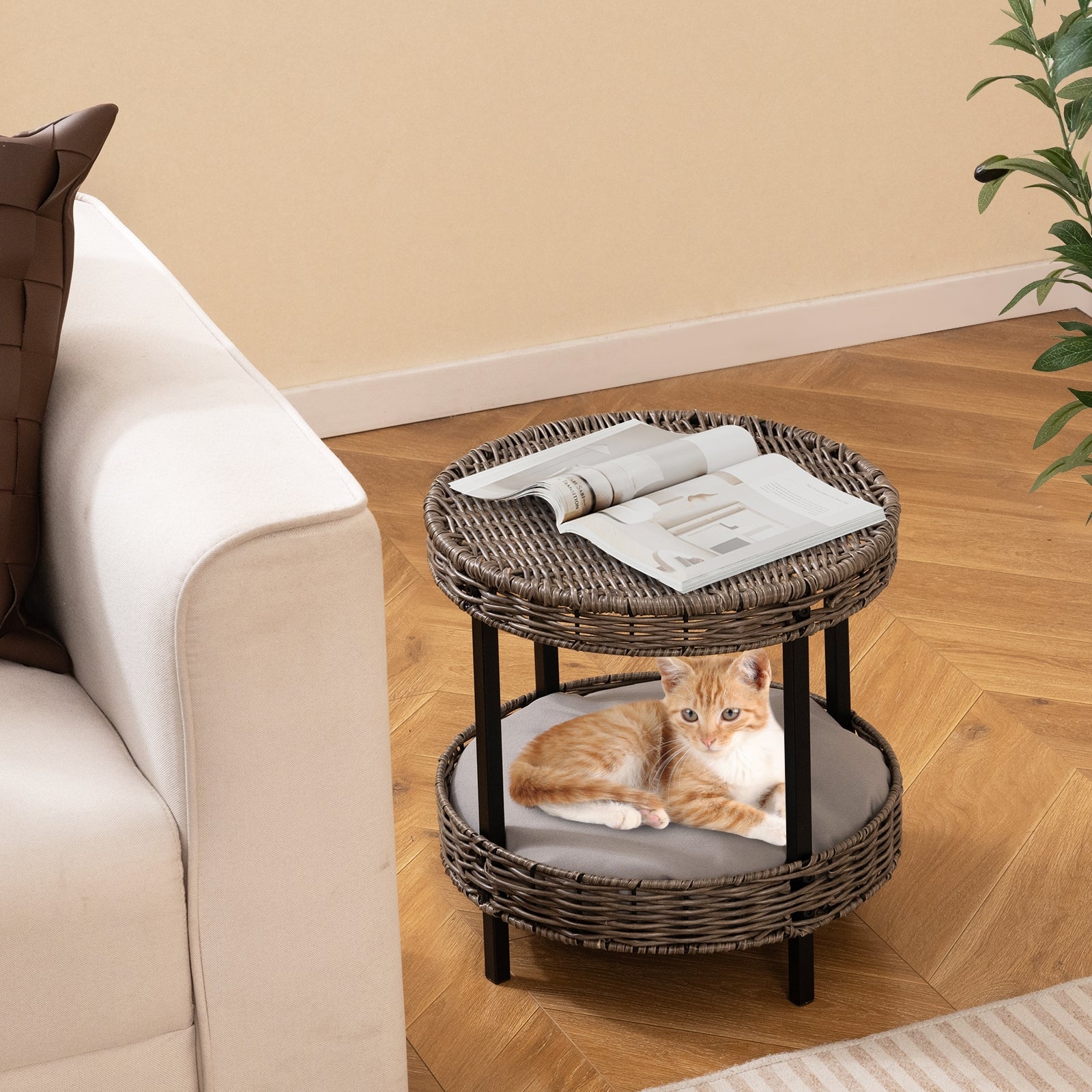 2-tier Rattan Cat Nest with Removable Padded Cushion Cat House - view 2