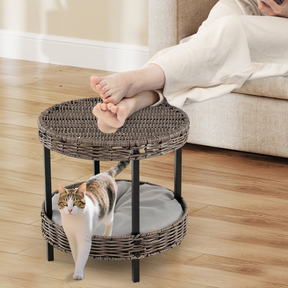 2-tier Rattan Cat Nest with Removable Padded Cushion Cat House - view 3