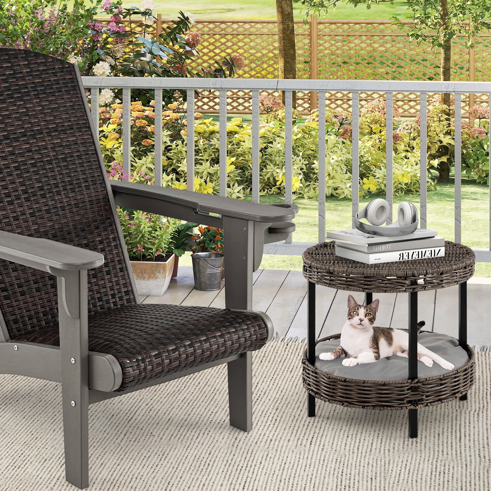 2-tier Rattan Cat Nest with Removable Padded Cushion Cat House - view 6
