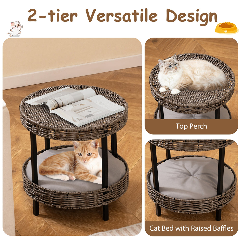 2-tier Rattan Cat Nest with Removable Padded Cushion Cat House - view 7