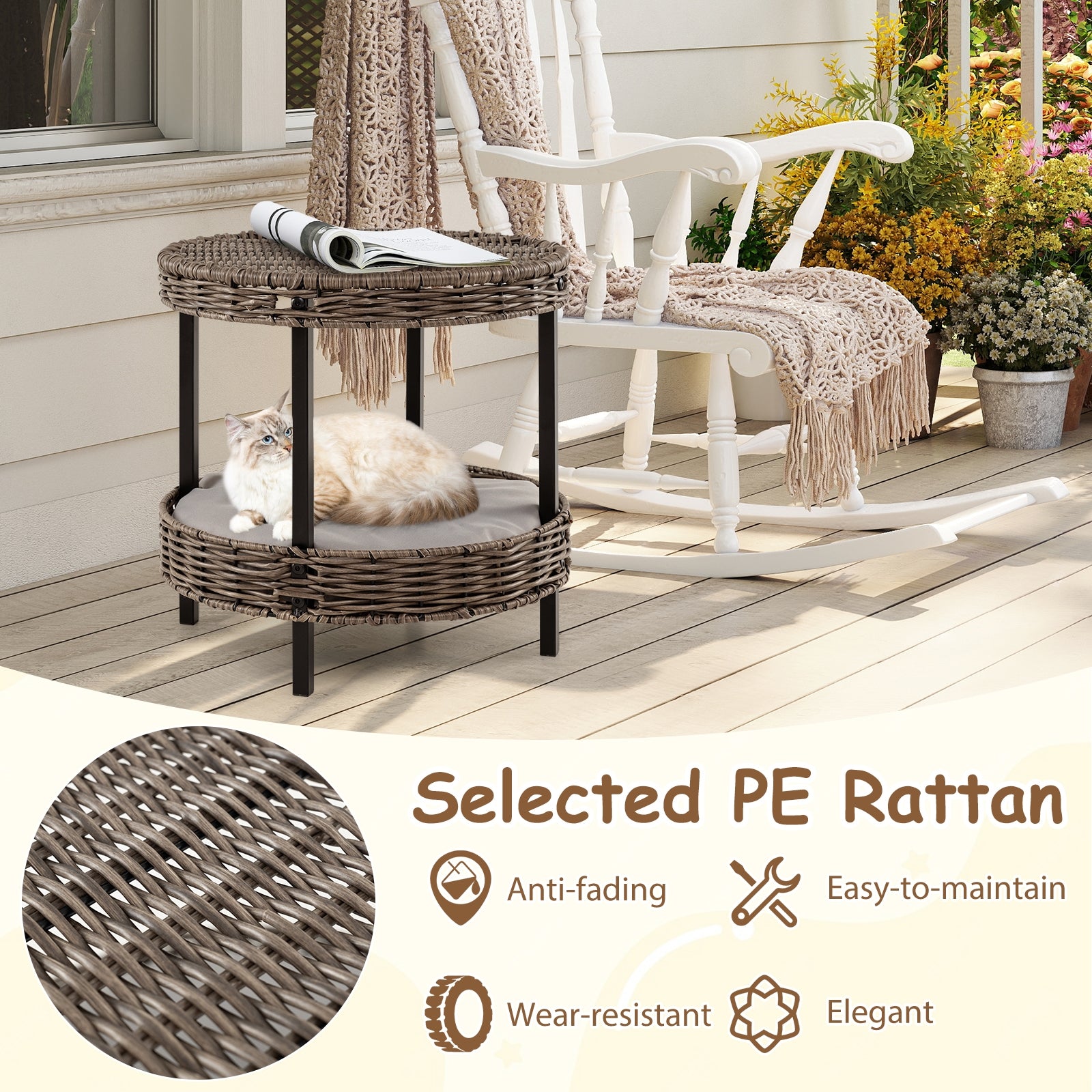 2-tier Rattan Cat Nest with Removable Padded Cushion Cat House - view 8