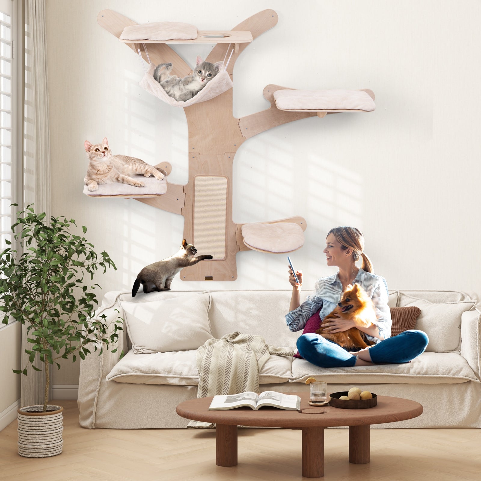 Wall-Mounted Cat Tower with Hammock Platforms and Sisal Scratching Mat Cat Tree - view 5