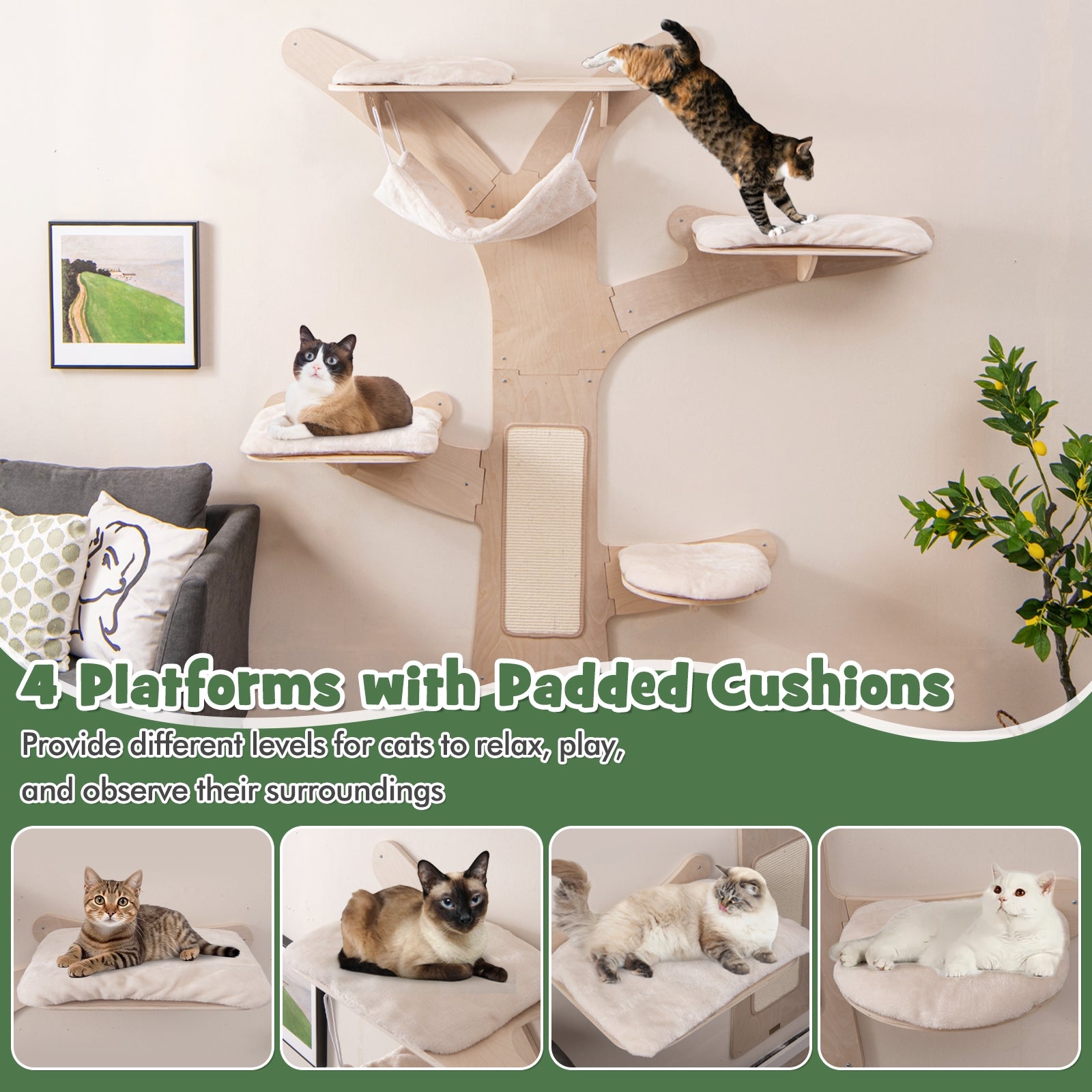 Wall-Mounted Cat Tower with Hammock Platforms and Sisal Scratching Mat Cat Tree - view 6