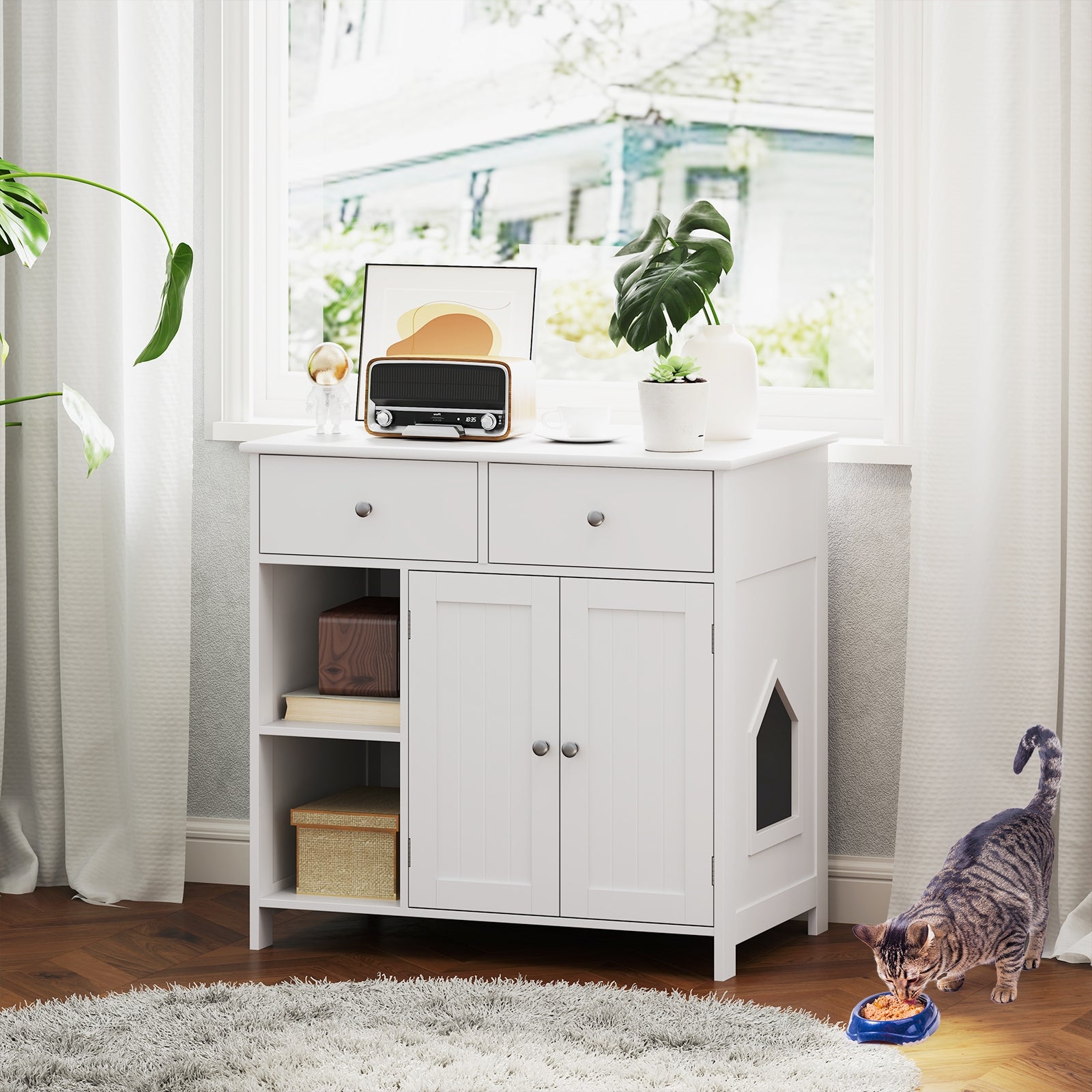 Hidden Cat Washroom Side Cabinet Wooden Pet House with 2 Drawers - view 2